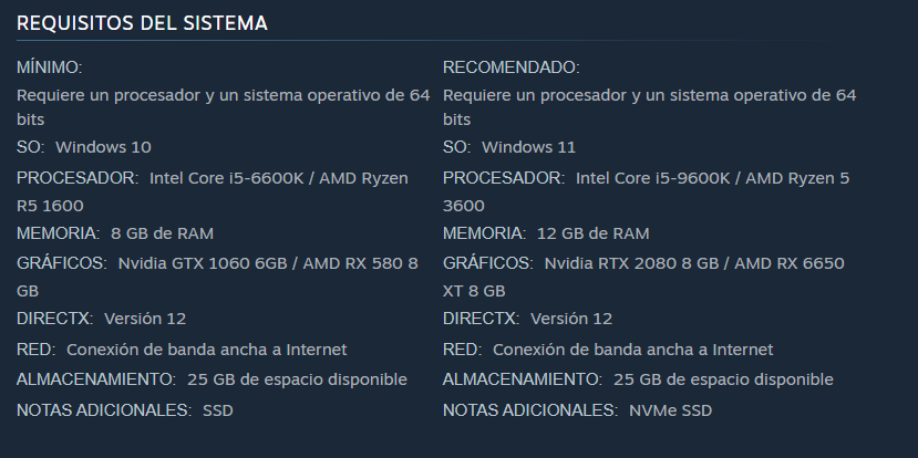 Requisitos para jugar a Highguard en Steam.