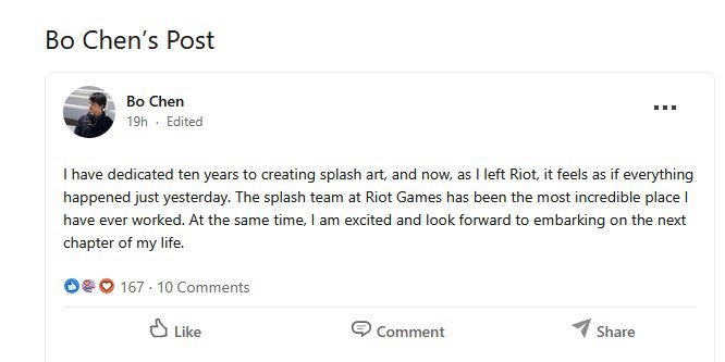 Bo Chen y su despedida de Riot Games.