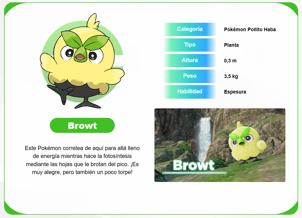 Todos los detalles de Pokémon Viento y Pokémon Oleaje: la 10ª generación Browt, el inicial tipo planta de la 10ª generación.