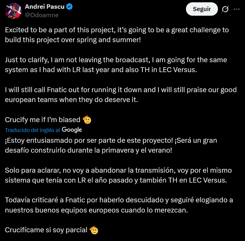 Fnatic se refuerza con Odoamne para intentar volver al top 4 de la LEC Declaraciones de Odoamne tras unirse a Fnatic.