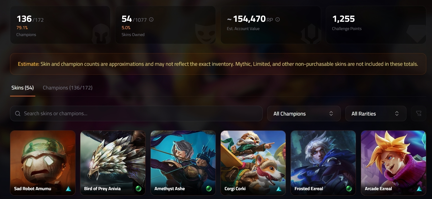 ¿Cuánto vale tu cuenta de LoL? Puedes comprobarlo así con esta web Un ejemplo de la herramienta de LoL.DB.