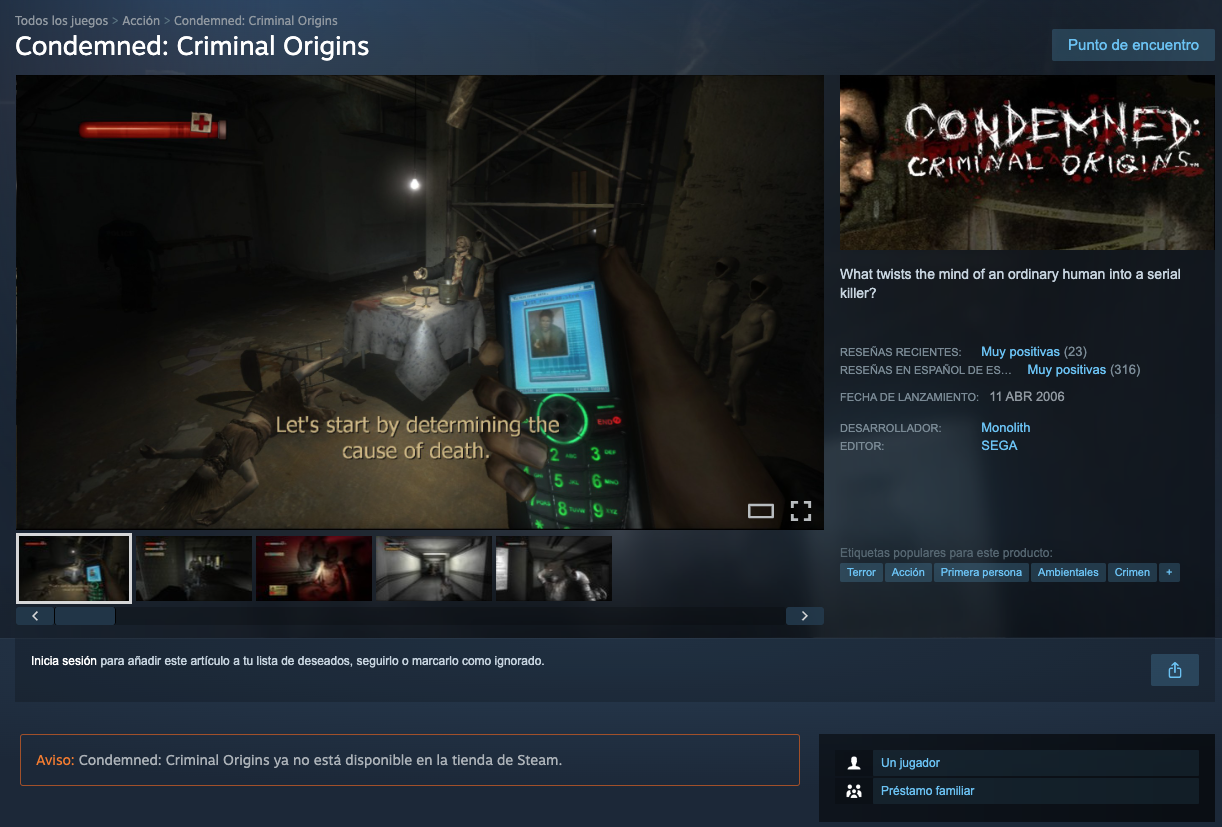 El misterio de los juegos que desaparecen: de Condemned a los miles de títulos perdidos Captura de Condemned: Criminal Origins en Steam sin poderse comprar