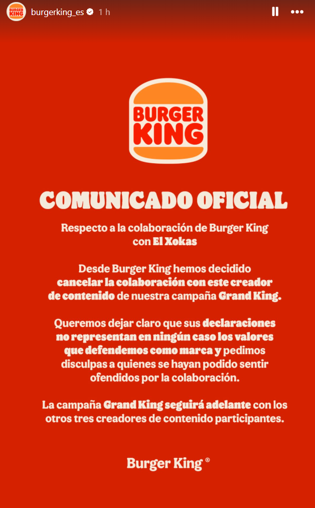 Burger King retira su colaboración con Xokas: toda la polémica del streamer Comunicado oficial de Burger King.