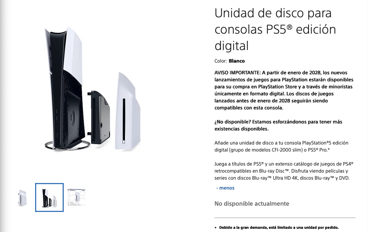 El lector de discos de PS5 sigue agotado y la PS Store incluye una nueva advertencia Advertencia de Sony en la web del lector de discos de PS5