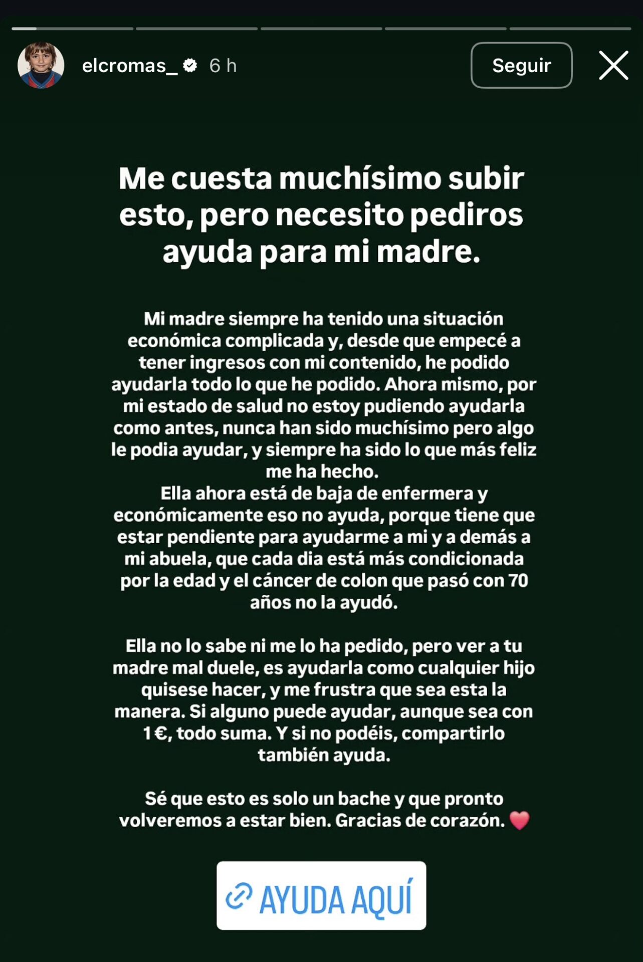 ElCromas pide ayuda para su madre tras meses alejado de redes y recauda más de 20.000 euros ElCromas pide ayuda para su madre tras meses alejado de redes y recauda más de 20.000 euros