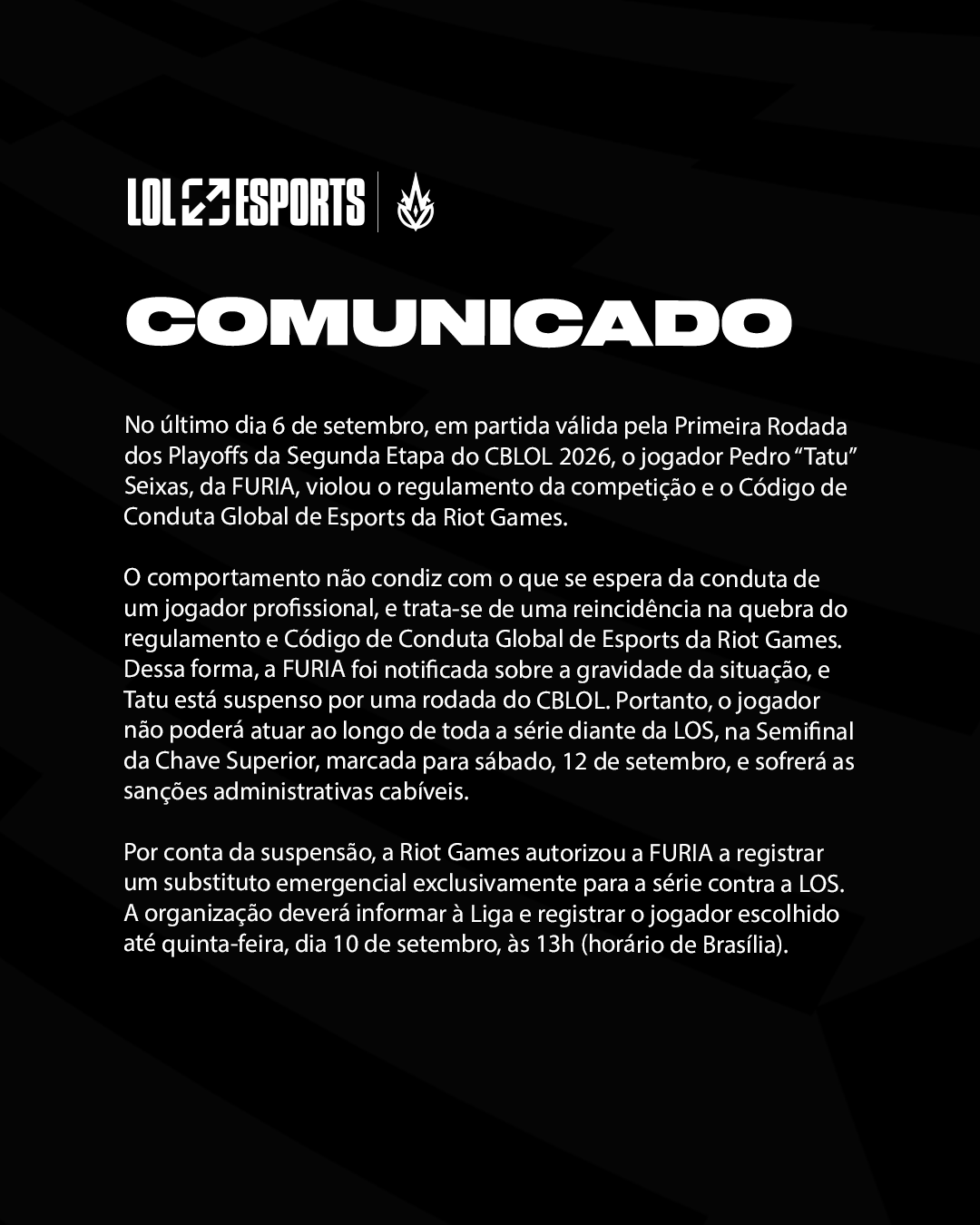 Insólito: la CBLOL castiga a un jugador de FURIA por su actitud tóxica con un rival Así es el comunicado de la CBLOL sobre la suspensión.