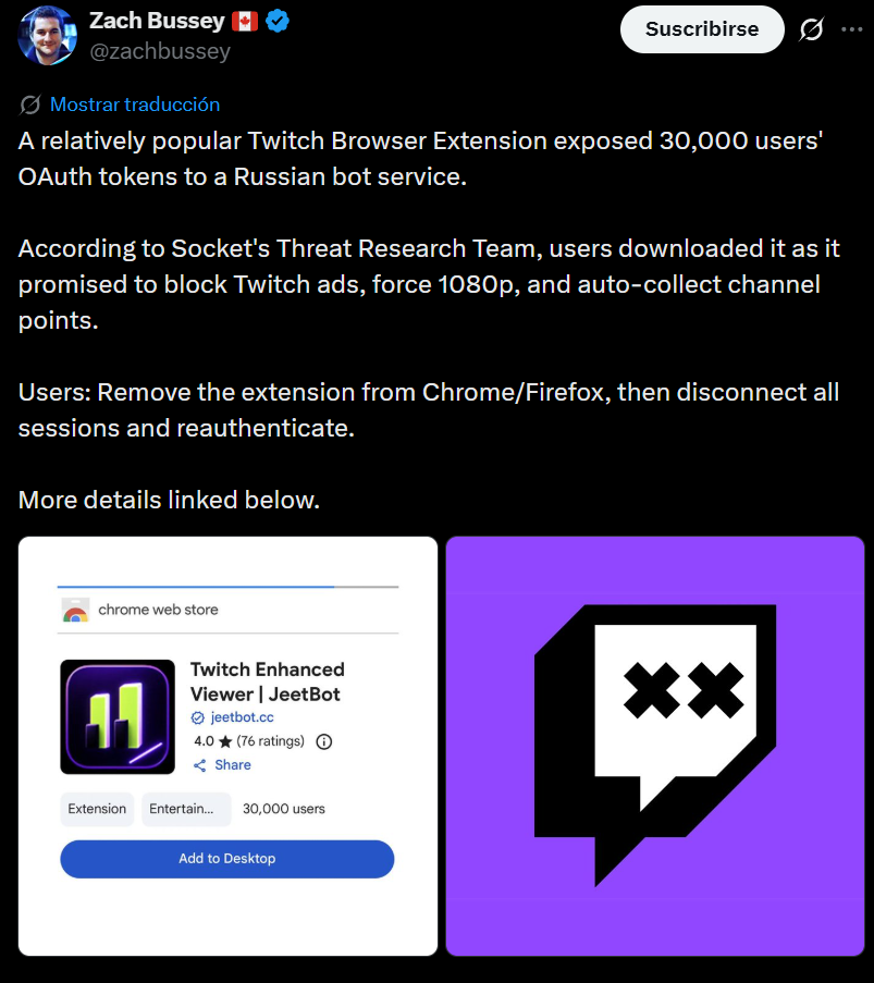 Twitch avisa de una extensión que pone en peligro tus datos personales: JeetBot Twitch avisa de una extensión que pone en peligro tus datos personales: JeetBot