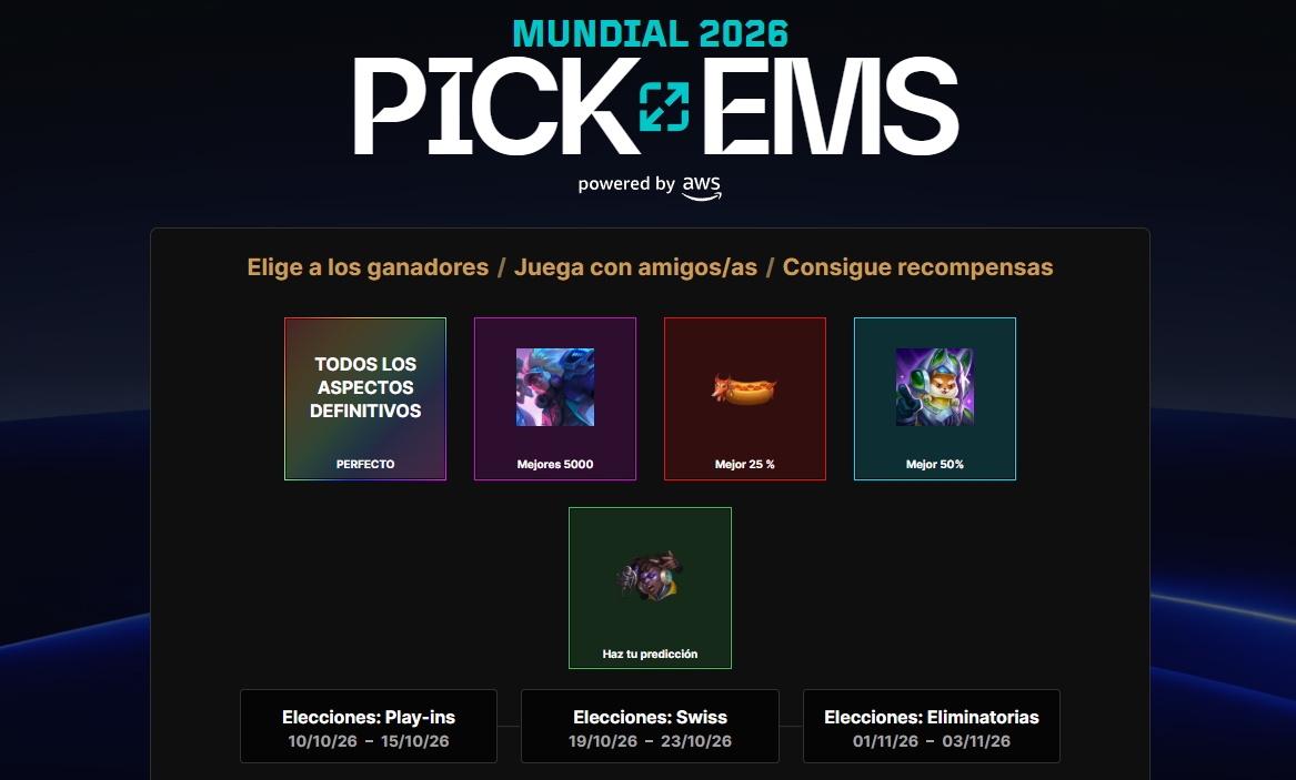 Quiniela de Worlds 2026: drops y recompensas de los Pick'Ems Resumen de los Pick'Ems de Worlds 2026.